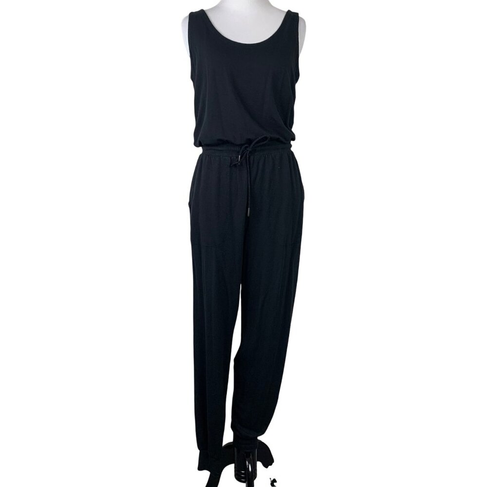 Athleta Womens Black Balance Jumpsuit Size S drawstring waist pockets scoop neck